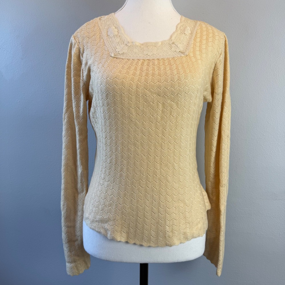 Vintage The Red Eye Butter Yellow Loose Knit Lace Top Cottage Medium Prairie